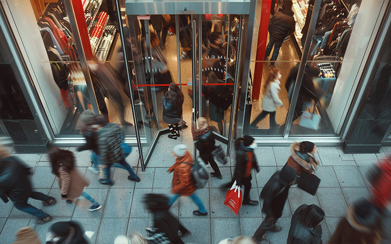 People entering a busy commercial building.