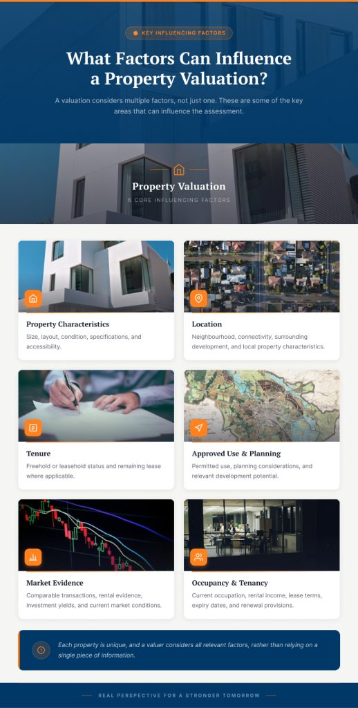 Key factors considered during a property valuation, including location, tenure, property characteristics, planning, market evidence, and tenancy details.