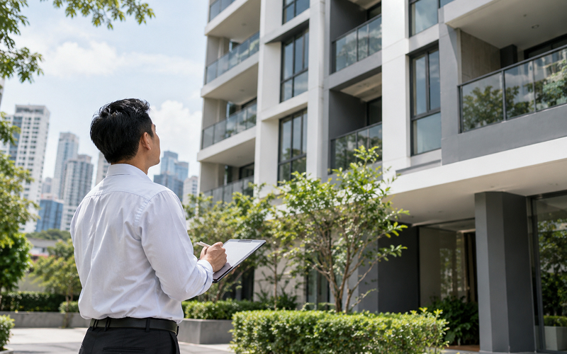 Property valuer conducting an inspection as part of the complete property valuation process in Singapore.